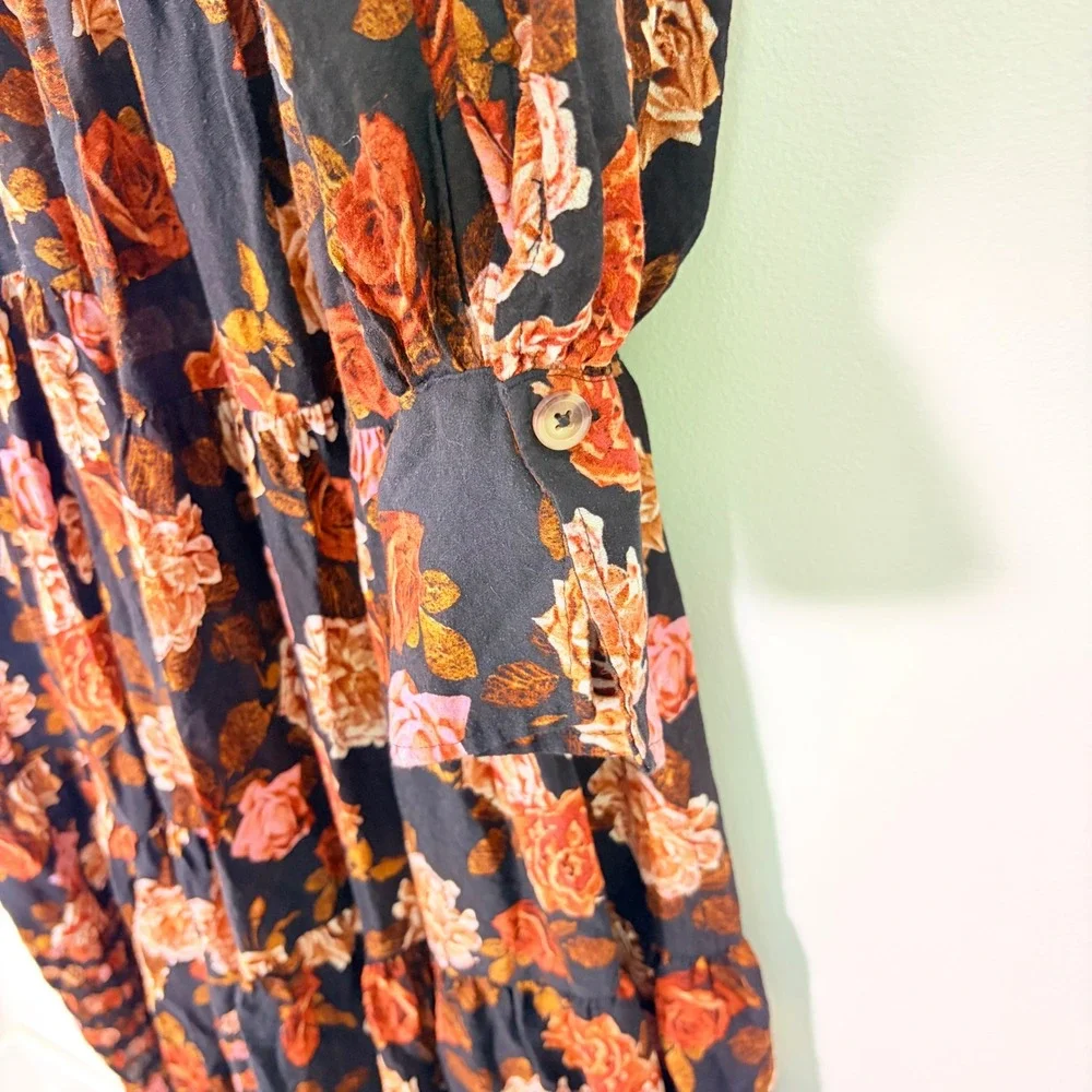 Free People Rows of Roses Maxi Dress Black‎ Ivory Floral Boho Asymmetric Hem